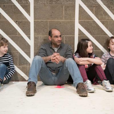 Ramsay Robertson, Zubin Varla, Brooke Haynes and Charlie McLellan in rehearsal for Fun Home at the Young Vic. Photo by Marc Brenner