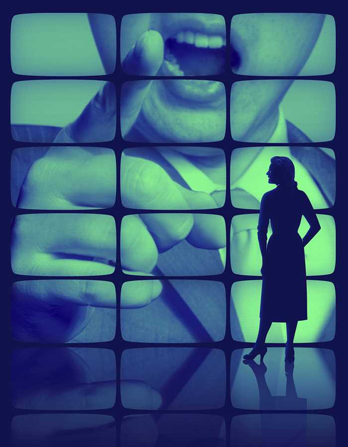 Split across multiple television screens is the lower half of a man's face, with mouth open as if speaking. The television screens are old-fashioned, with rounded corners. In the foreground, the silhouette of a woman wearing a dress and high heels, and with carefully coiffed hair is visible. She looks at the television screens. 