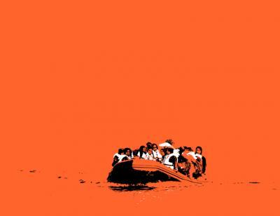 An illustration of a group of female refugees on a small dinghy at sea whose white life jackets are highlighted against the black and orange sketch