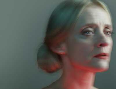 A blurred image of the head and shoulders of Anne-Marie Duff. Her blonde hair is pulled into a bun and her neck is lit from below with a red light. 